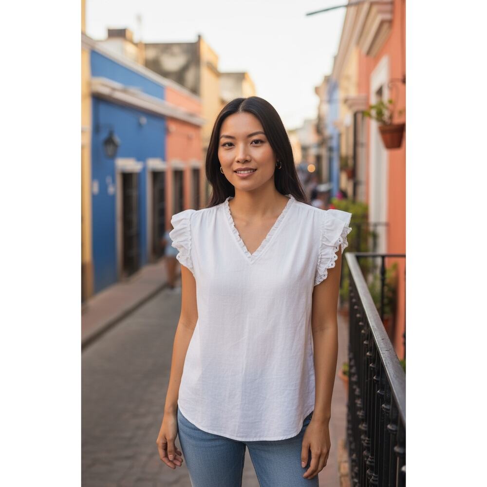 J Mclaughlin Linen Blend Flutter Cap Sleeve Top W… - image 2